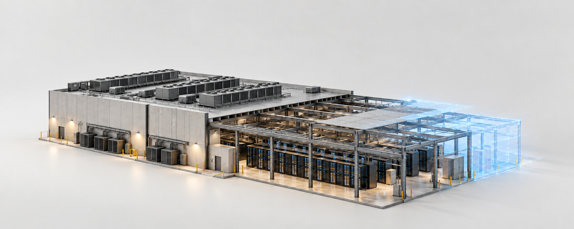 Data center under construction, with the planned structure shown as a digital twin